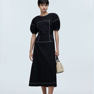 Madewell Puff-Sleeve Drop-Waist Midi Dress Black Size 2 NWT